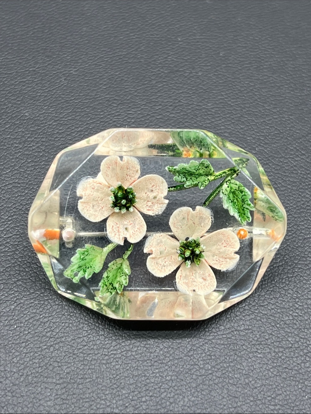 Vintage reverse carved lucite double dogwood flower brooch